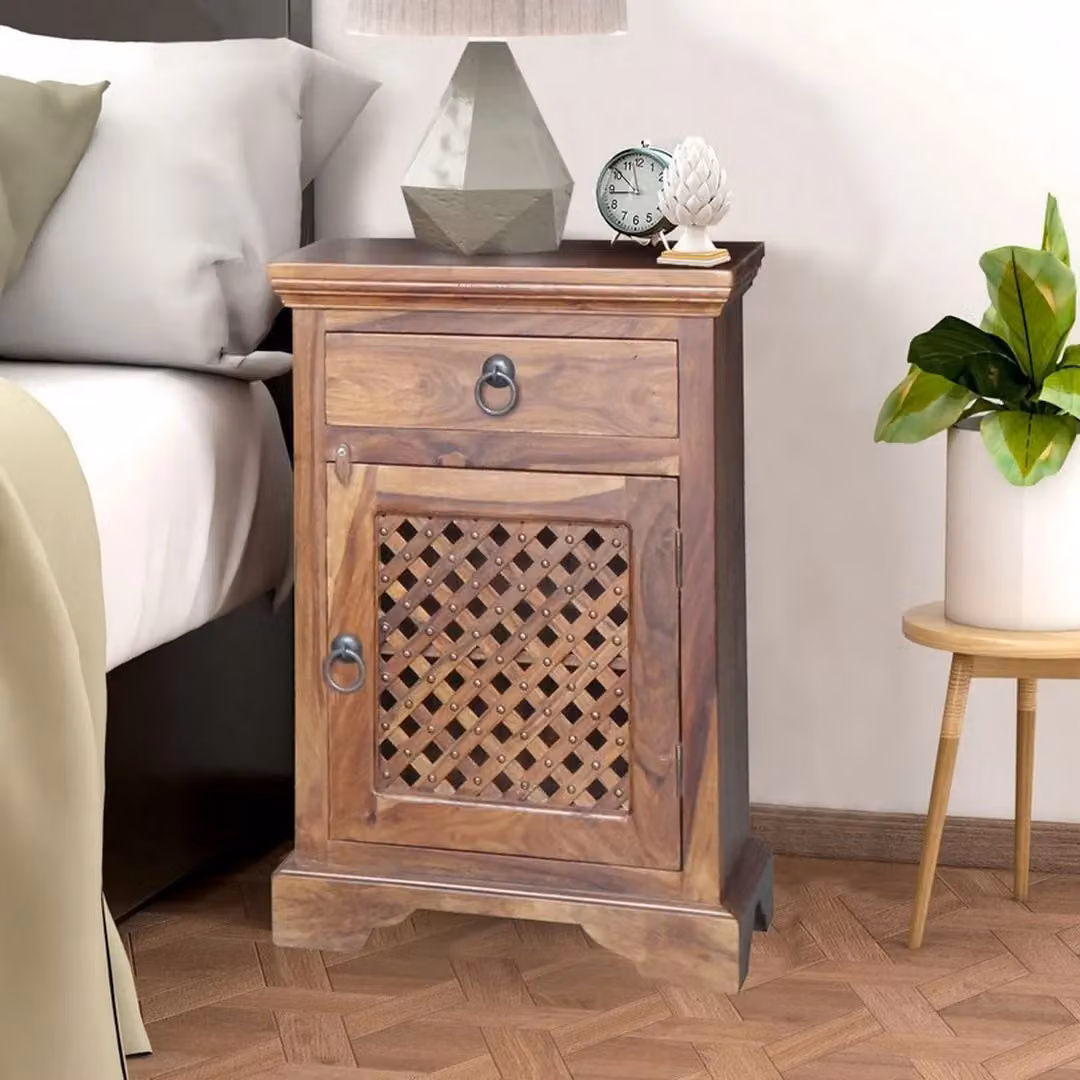 Jaipur Furniture Ltd Ganga Latic Jali Bedside Cabinet in Brown Sheesham Wood with Left Side Door, W: 45 cm, D: 31 cm, H: 65 cm – 2