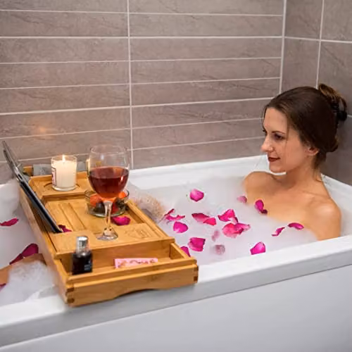 Klass Home Collection Extendable Bamboo Bath Tray Caddy in Brown with Device and Wine Glass Holder – 3