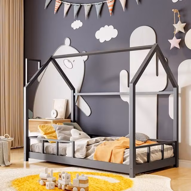 Livingandhome Scandinavian Solid Pine Wood Toddler Bed in Grey