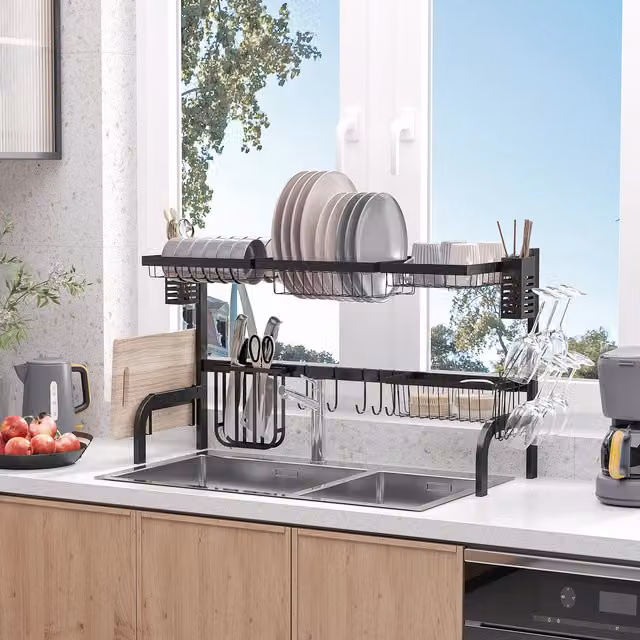 HOMCOM 2 Tier Over The Sink Space Saving Dish Drainer Rack, Black, W: 100 cm, D: 30 cm, H: 30 cm
