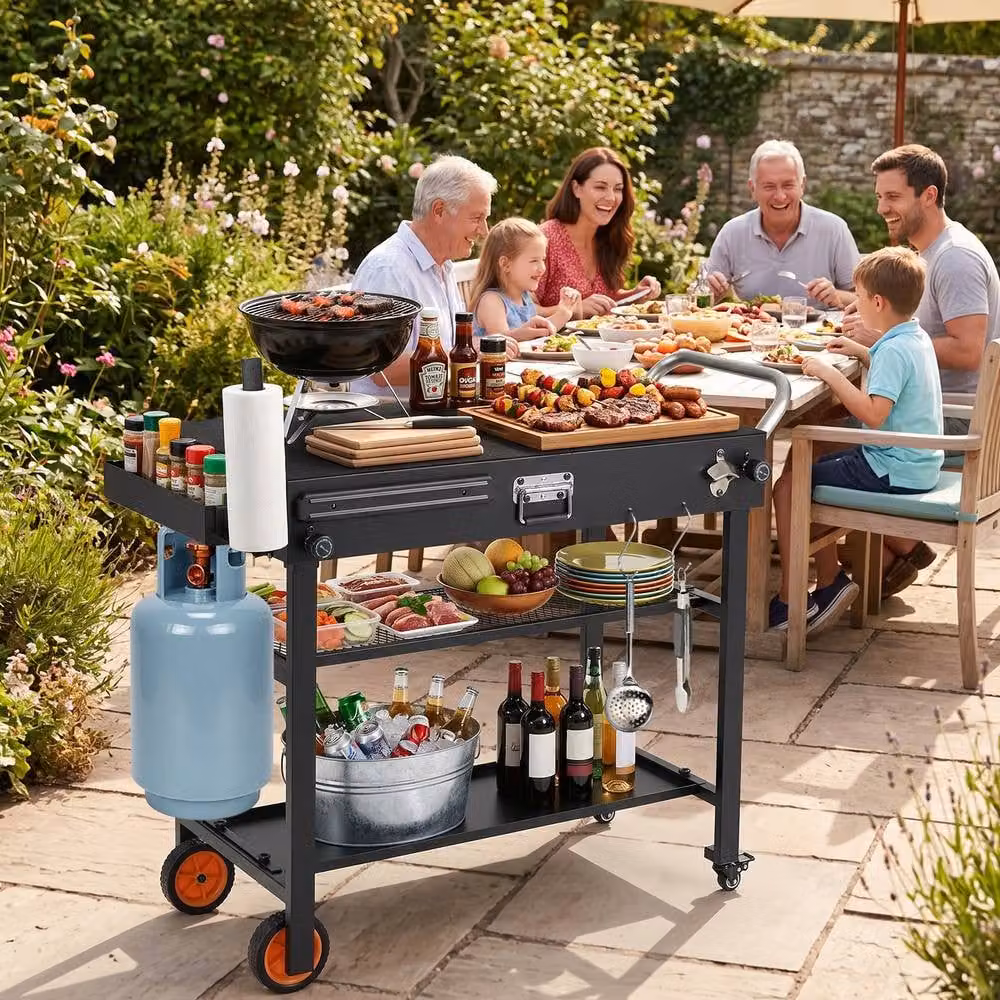 Costway 3-Tier Folding Metal Grill Cart with Wheels and Hooks in Black – 4