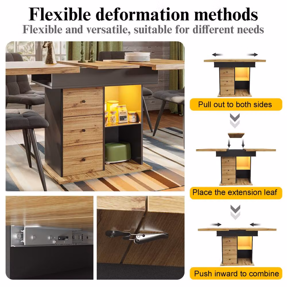 Merax Extendable Telescopic Rectangular Dining Table with LED Light and USB Storage Base in Black W/D/H: 110 x 80 x 75 cm – 6