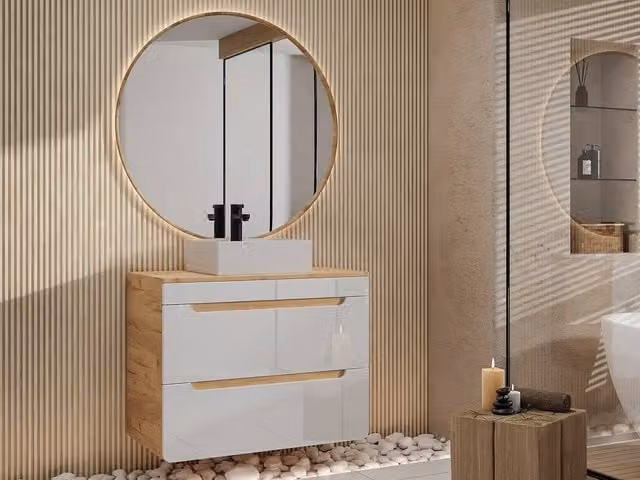 Vente-unique Suspended Bathroom Vanity Unit with Countertop Basin in Light Oak and White, W/D/H: 80 x 46 x 59 cm – 1
