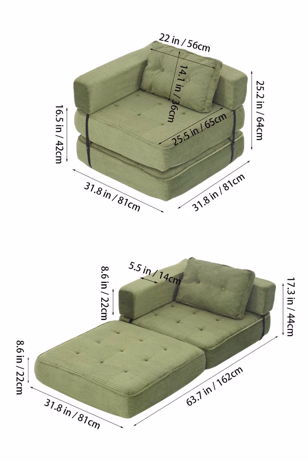 Garden Sanctuary Modern Folding Sofa Bed with Pillow in Green – 3