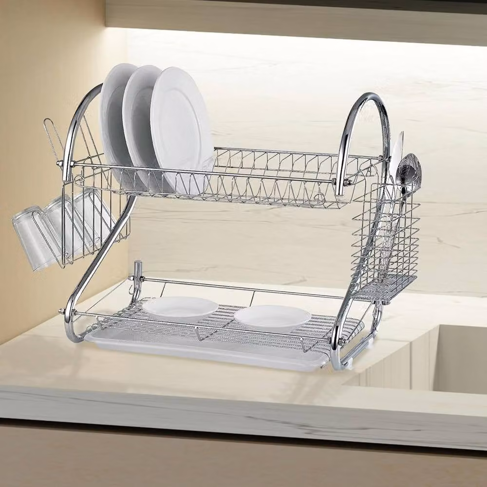 BARGAINS-GALORE 2 Tier Chrome Plate Dish and Cutlery Cup Drainer with Drip Tray in Metallic Silver – 2