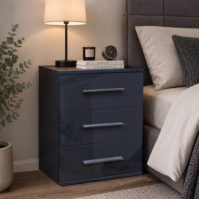 KDMD Swindon Modern Gloss Black 3 Drawer Bedside Cabinet – 1