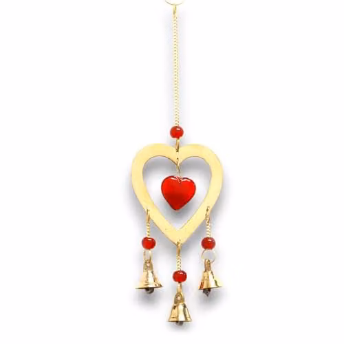 KDMD Indian Chimes Brass Hanging Wind Chimes with Red Ruby Glass Heart Beads and 3 Gold Bells, W: 6.5 cm, H: 24 cm – 1