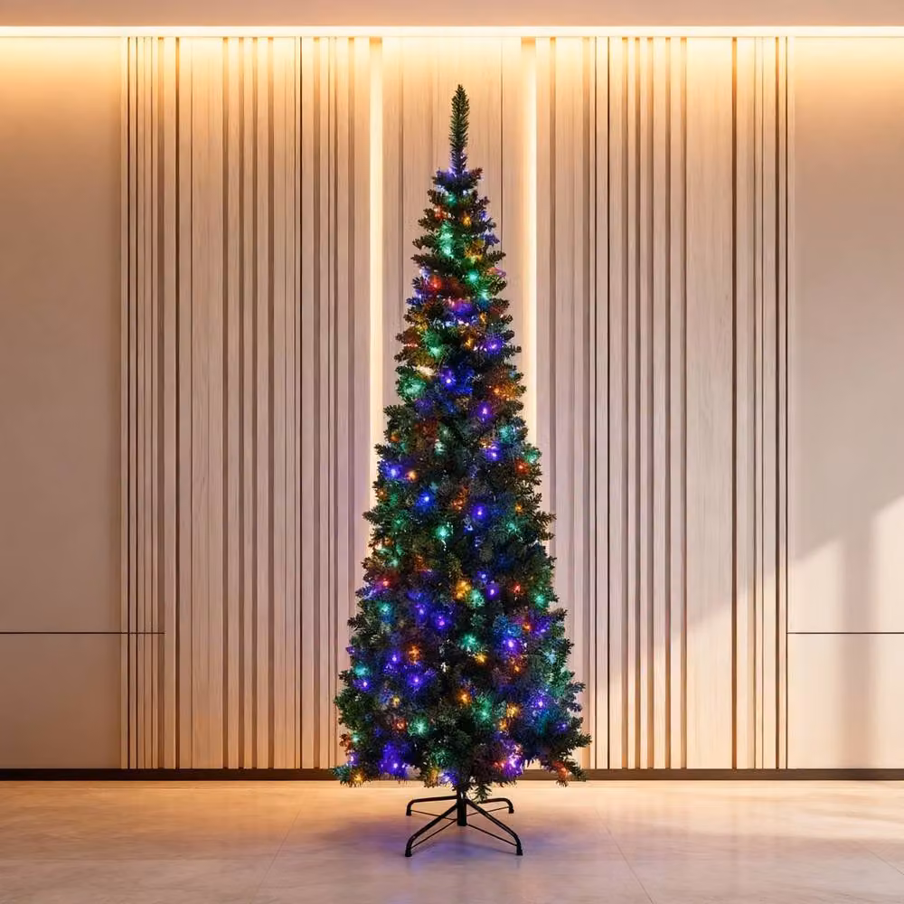 Shatchi Pre-Lit Artificial Slim Green Pencil Christmas Tree with Multicolour LED Lights and Metal Stand, Height: 152.4 cm – 5