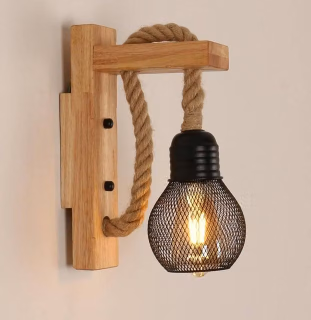 COMELY Industrial Wooden Wall Lights with Hemp Rope and E27 Socket in Black and Multicolour – 1