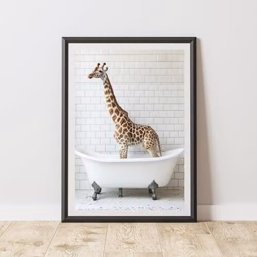 60 Second Makeover Giraffe Standing In Bath Animal Print Paper Poster, A4, Multicolour