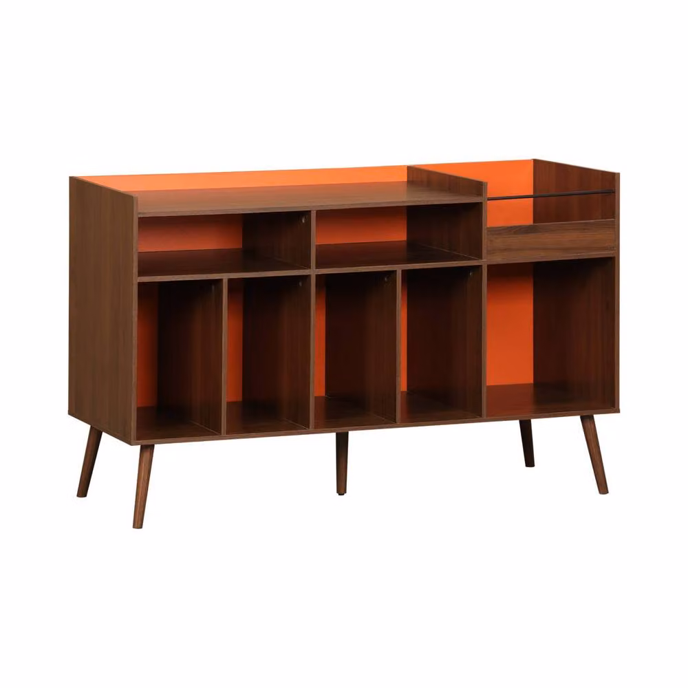 sweeek Vintage XL Bicolor Vinyl Media Unit with Wood Decor in Orange, Blue and Brown, W/D/H: 130 x 50 x 80 cm – 2