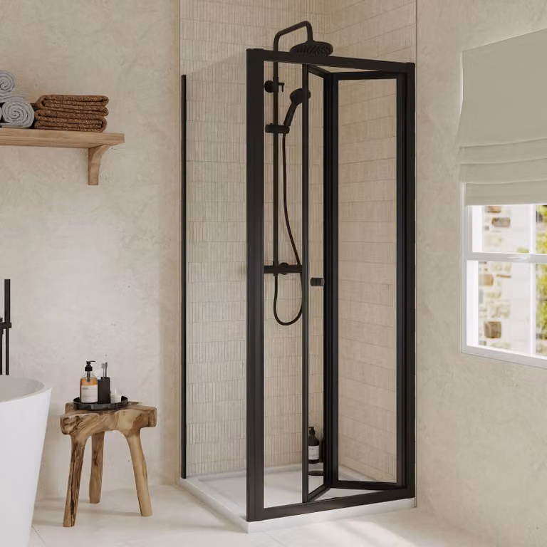 Balterley Ruwa Square Corner Shower Enclosure with Bi-Fold Door, Side Panel and Tray in Black, W/D: 800 x 800 mm, 4mm Glass