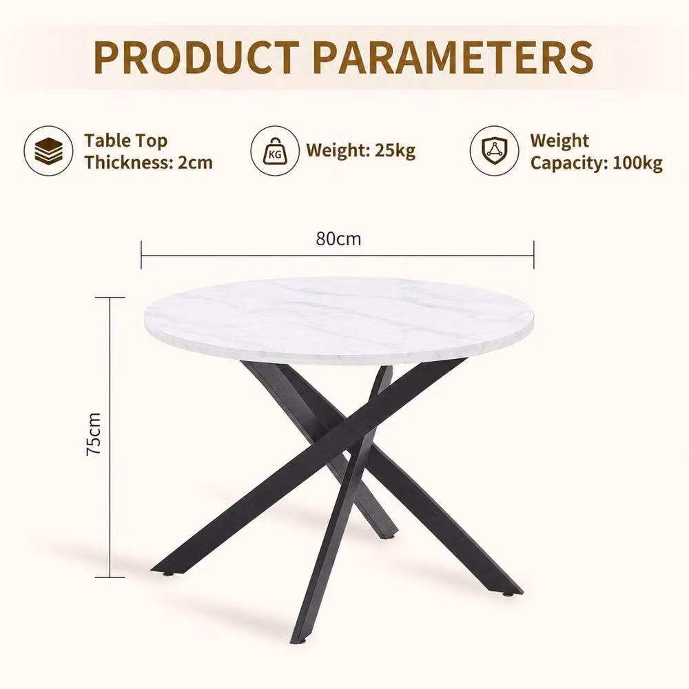 HomeTouch Modern Round White Marble Effect Dining Table with Black Metal X-Frame Legs – 3