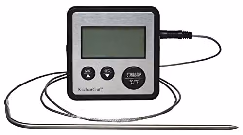 KitchenCraft Digital Food Thermometer and Kitchen Timer with Probe in Silver or Black, W/D/H: 8 x 8 x 2 cm – 1