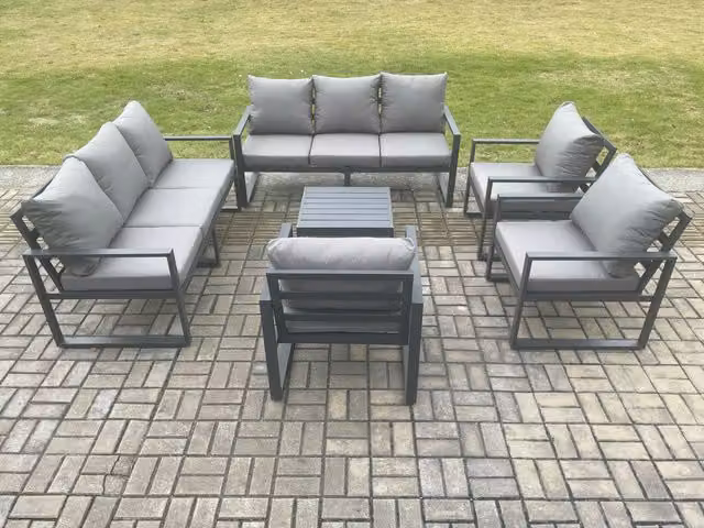 Fimous Modern Aluminium Outdoor Garden Furniture Set in Grey with 2-Seater Sofa, Lounge Armchairs and Coffee Table