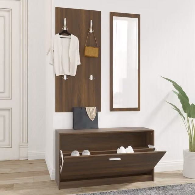 Berkfield Home 3-in-1 Shoe Cabinet, Mirror and Wall Rack Set in Brown Oak – 1