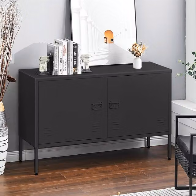 Livingandhome Modern Matt Black Metal High-Leg Sideboard with Adjustable Shelves