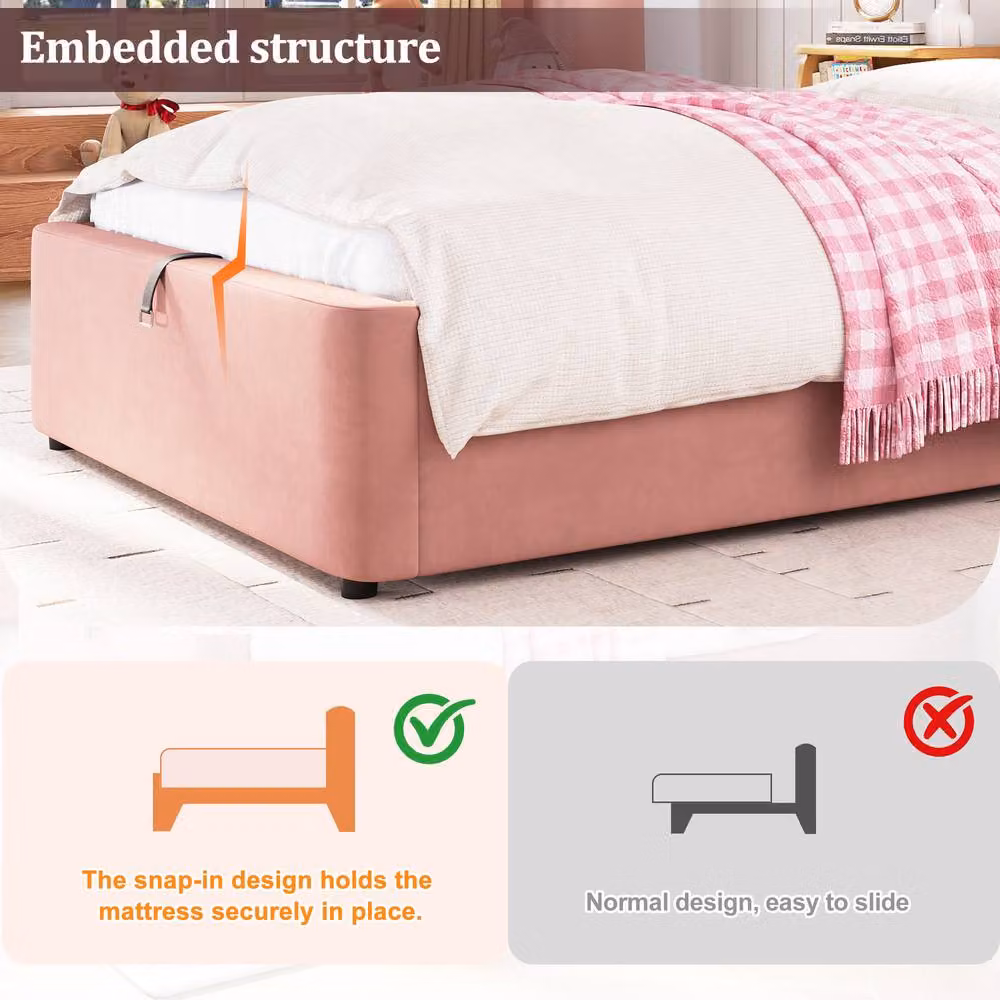 ModernLuxe Pink Velvet Upholstered Single Kids Ottoman Bed with Headboard – 4