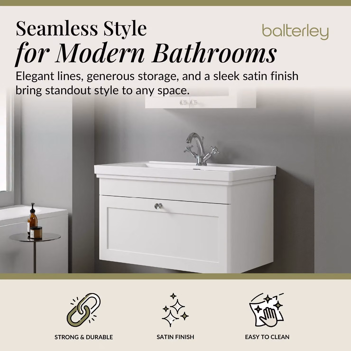 Balterley Wall Hung 1-Drawer Bathroom Vanity Unit and Fireclay Basin, White – 2