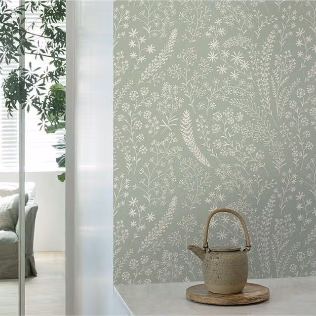 Grandeco Astrid Embroidery Stitch Foliage Trail Botanical Floral Wallpaper in Sage Green