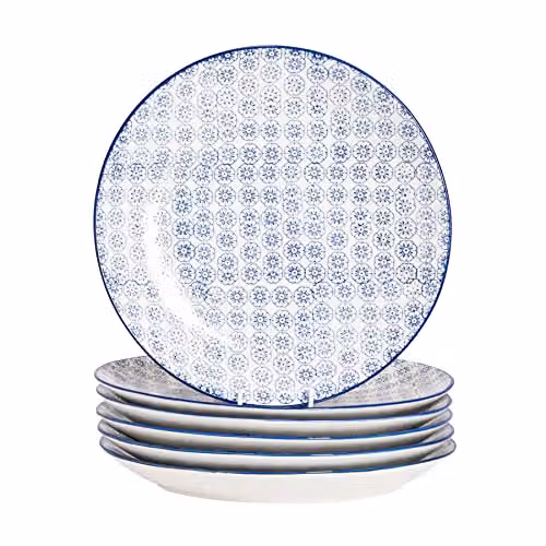 Nicola Spring Blue Floral Hand Printed Stoneware Dinner Plates, Pack of 6, Diameter: 25.5 cm