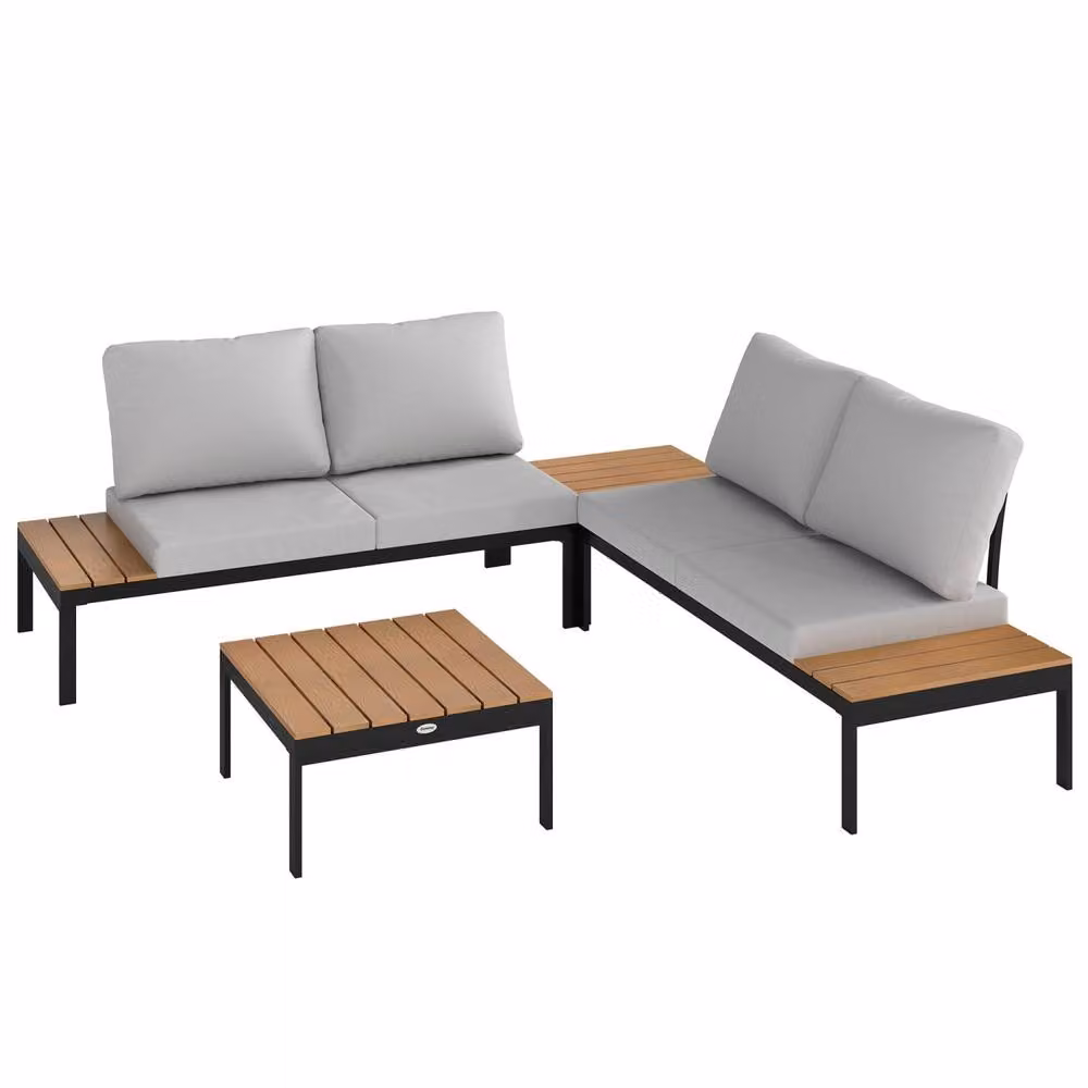 Wyld Haus Matuki Teak Wood 4 Seater Modular Garden Corner Sofa Set with 2 Coffee Tables in Grey and Black – 2