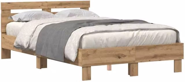 Berkfield Home Artisan Oak Bed Frame in Beige and Brown, Engineered Wood with USB Charging Port and Under-Bed Lighting, W/D/H: 120 x 193 x 70 cm – 1