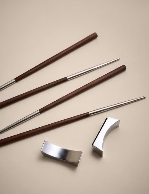 M&S Set of 2 Polished Brown Chopsticks with Rest