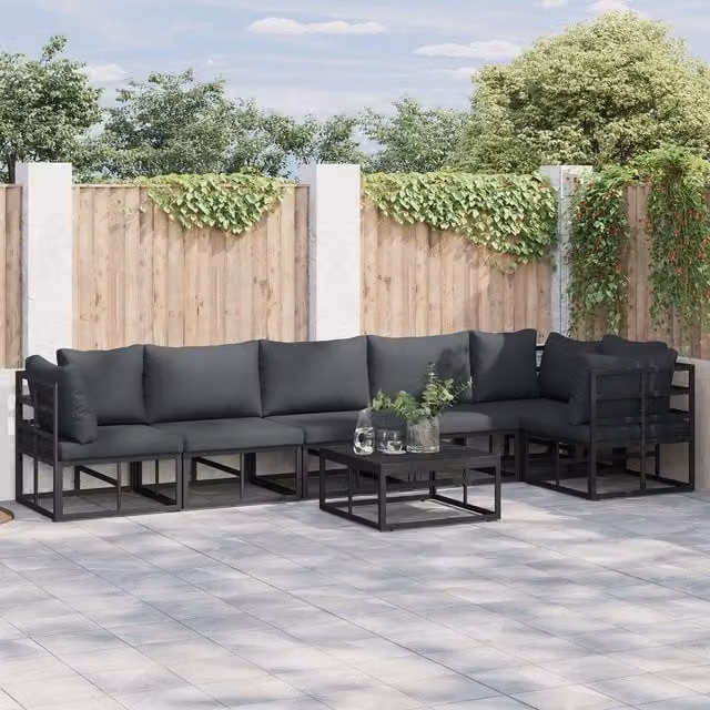 Berkfield Home 7 Piece L-Shape Garden Sofa Set with Cushions and Pillows in Black Powder Coated Aluminium – 1