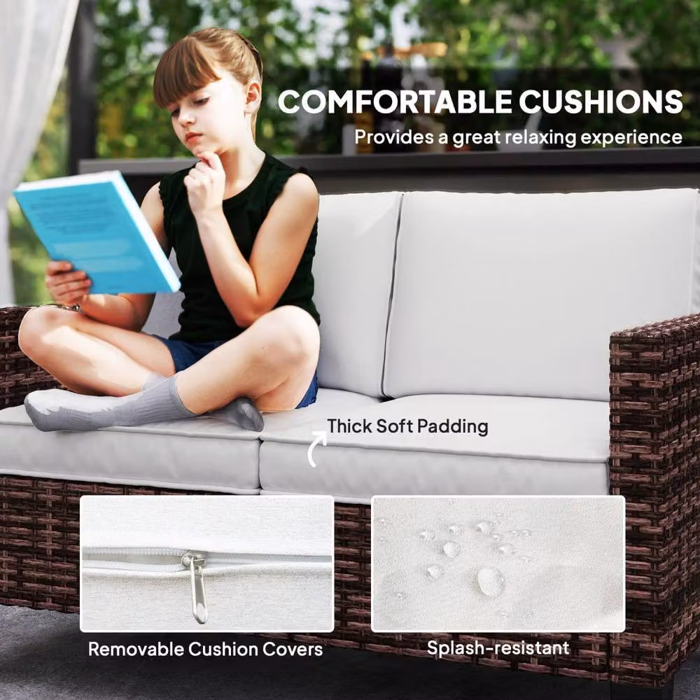 Wyld Haus Palo Brown PE Rattan 2 Seater Outdoor Sofa with Cream Cushions – 5