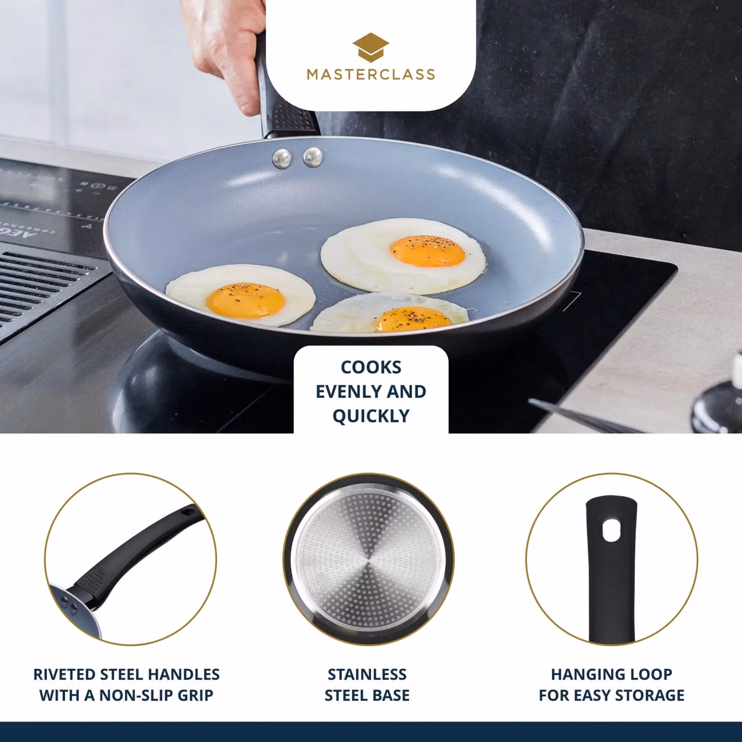 MasterClass Ceramic Non-Stick Aluminium Frying Pan, 30 cm, Black or Grey – 4