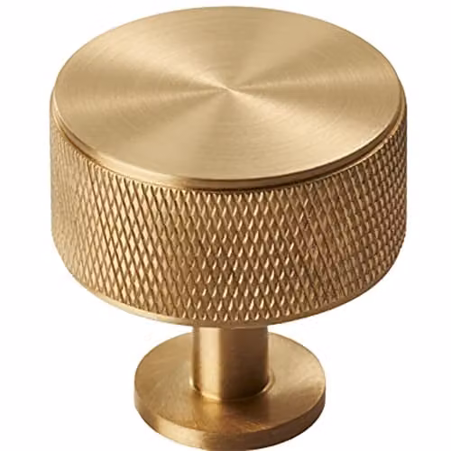 Loops Knurled Radio Cupboard Door Knob in Satin Brass, 35mm Diameter