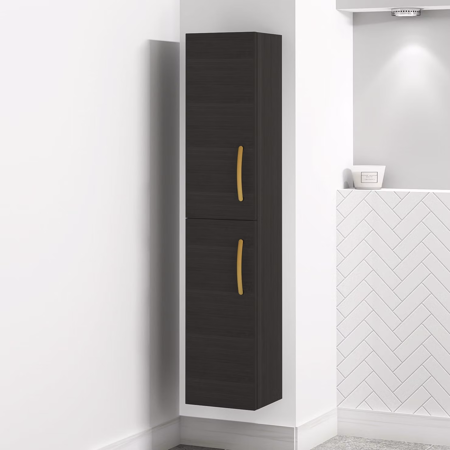 Royal Bathrooms Modern Turin Charcoal Oak 2-Door Wall Hung Tall Boy Cabinet Unit with Brushed Brass Handles