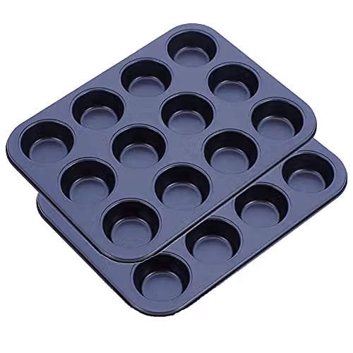 KAV Non Stick Carbon Steel 12 Cup Muffin Tray Mould in Black, Pack of 2, W/D/H: 33 x 26.5 x 3 cm