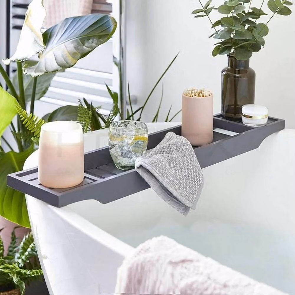 FORGEVIO Bamboo Wood Bath Tub Rack Bathroom Shelf Tidy Tray, Grey, Width: 180 cm – 3