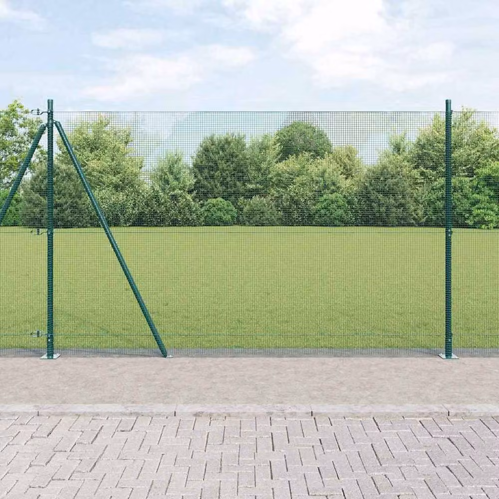 Berkfield Home Green Powder-Coated Steel Welded Wire Fence with 7 Flanged Posts, W: 10 m, H: 1.4 m – 2