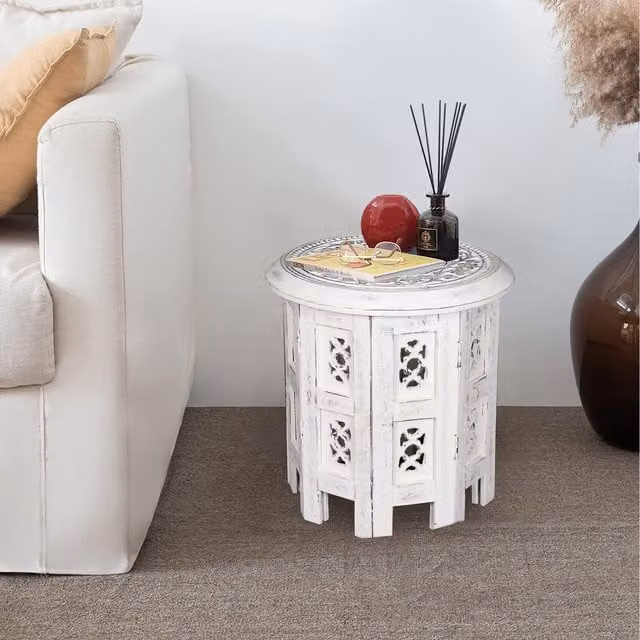 Topfurnishing Round Carved Wooden Coffee, Bedside or End Table in White