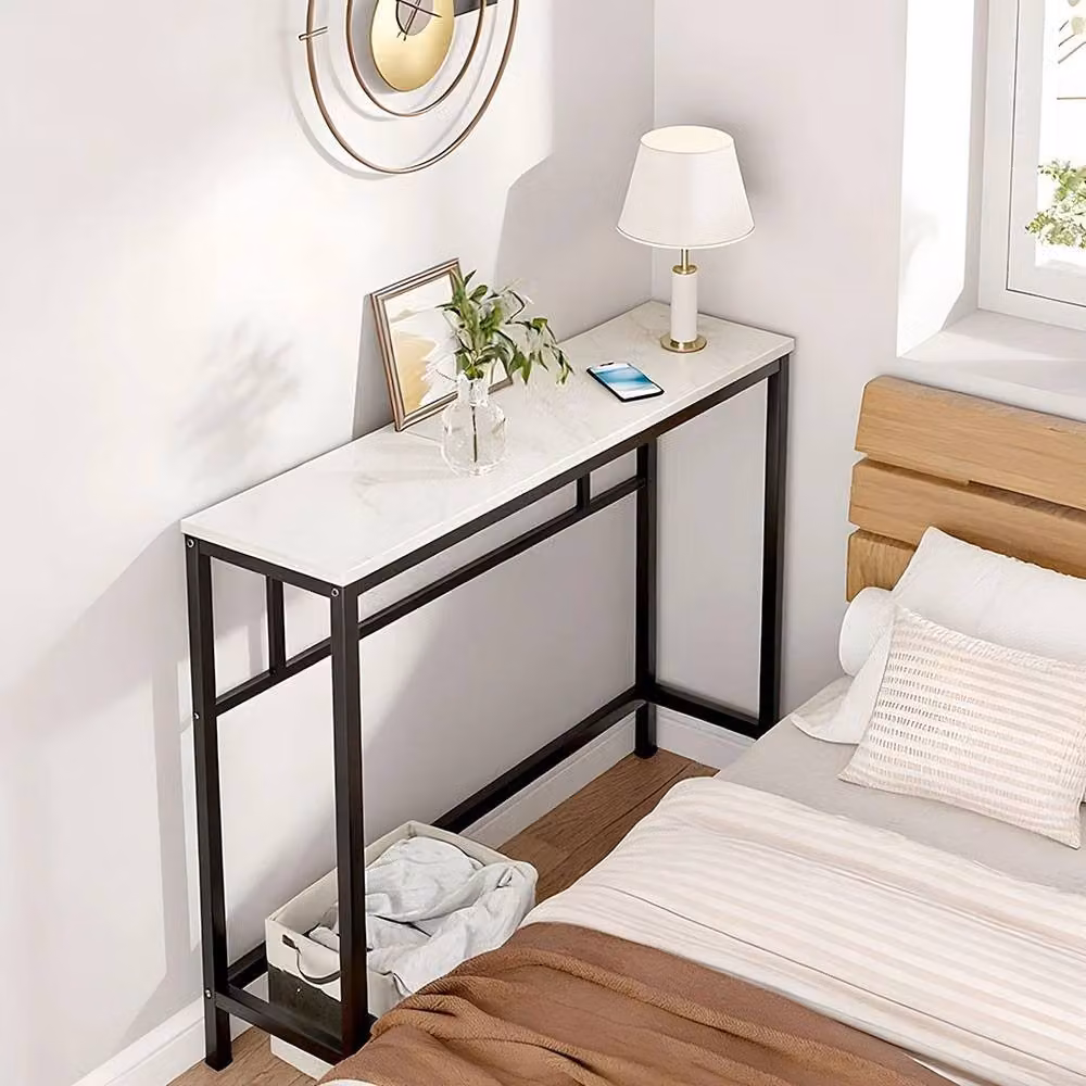 VOGREX 2-Tier Narrow Marble-Effect Console Table in White – 2