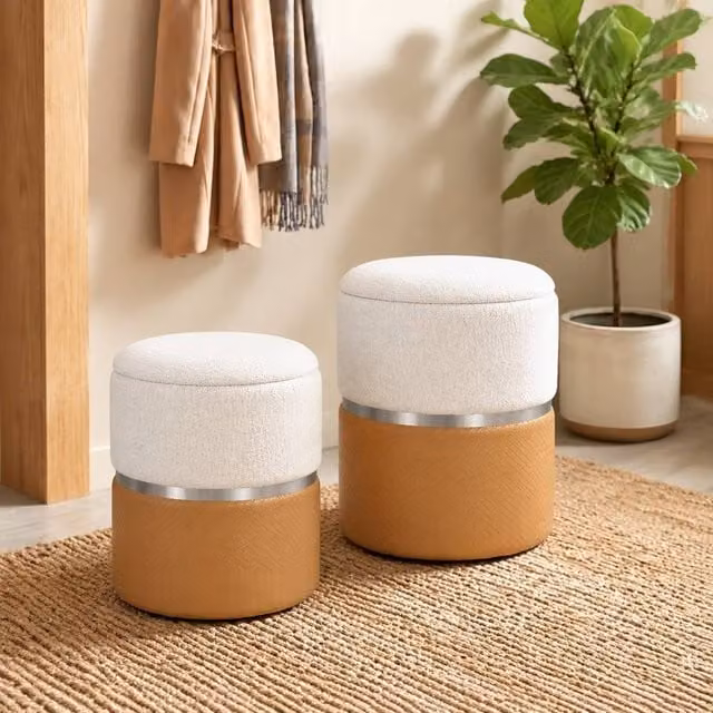 STILVORA Nesting Round Ottoman Set of 2 with Storage in Cream