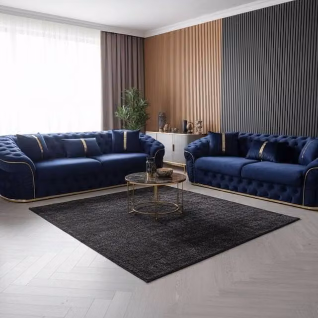 Stratus Interiors Ambassador 2+3 Sofa Set in Blue Velvet with Silver Trim