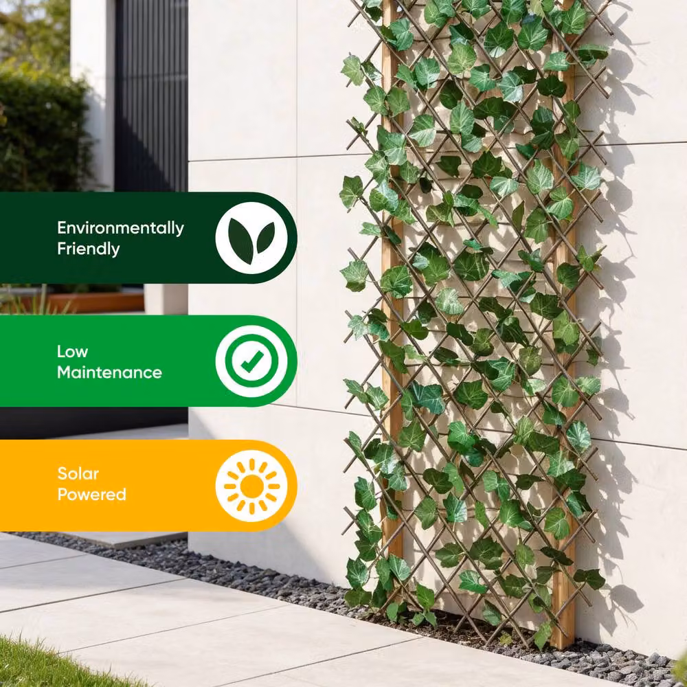 Gardenwize Solar Expandable Ivy Trellis with 100 Warm White LED Lights, Green Artificial Hedge Privacy Screen for Wall-Mounted Garden Screening – 5