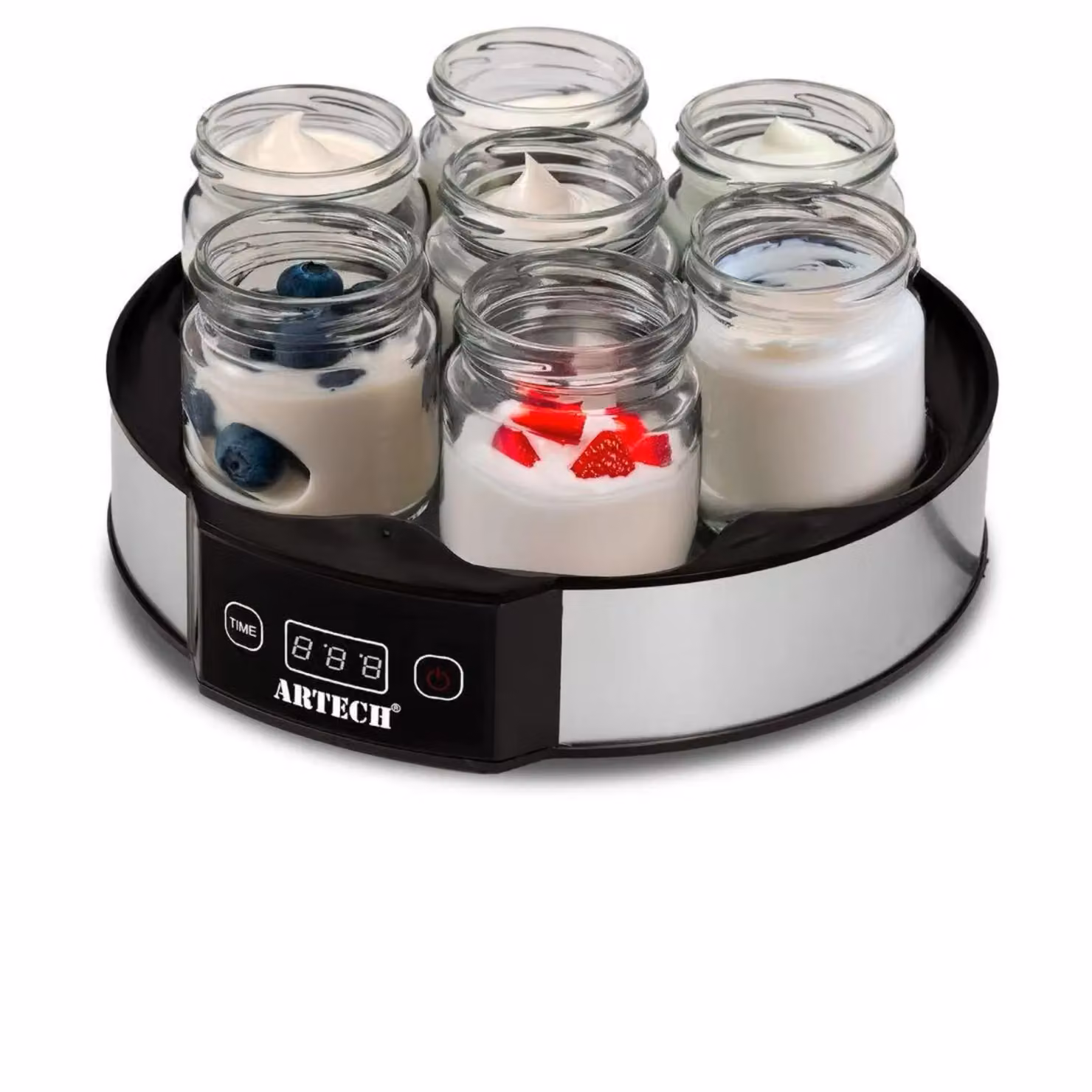 Trendi Digital Yoghurt Maker with 7 Glass Jars, Stainless Steel with LED Display and Timer in Black or Silver – 8