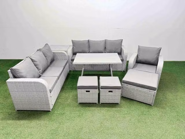 Fimous 8 Piece Outdoor PE Rattan Garden Furniture Set with Side Table and 3 Stools in Light Grey
