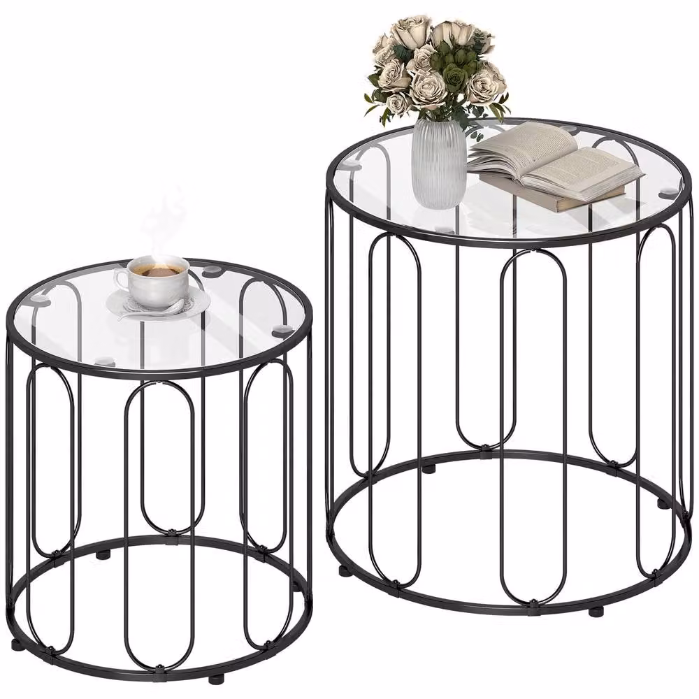 STILVORA Set of 2 Modern Round Black Glossy Glass Nesting Coffee Tables – 2