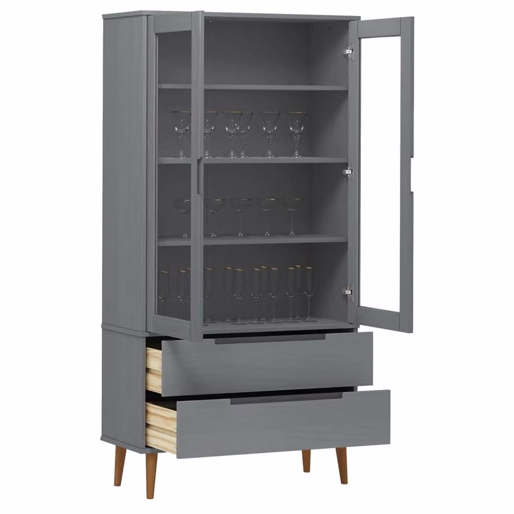 Berkfield Home MOLDE Vitrine Cabinet in Grey Solid Wood Pine with Glass Doors, W/D/H: 90 x 35 x 175 cm – 3