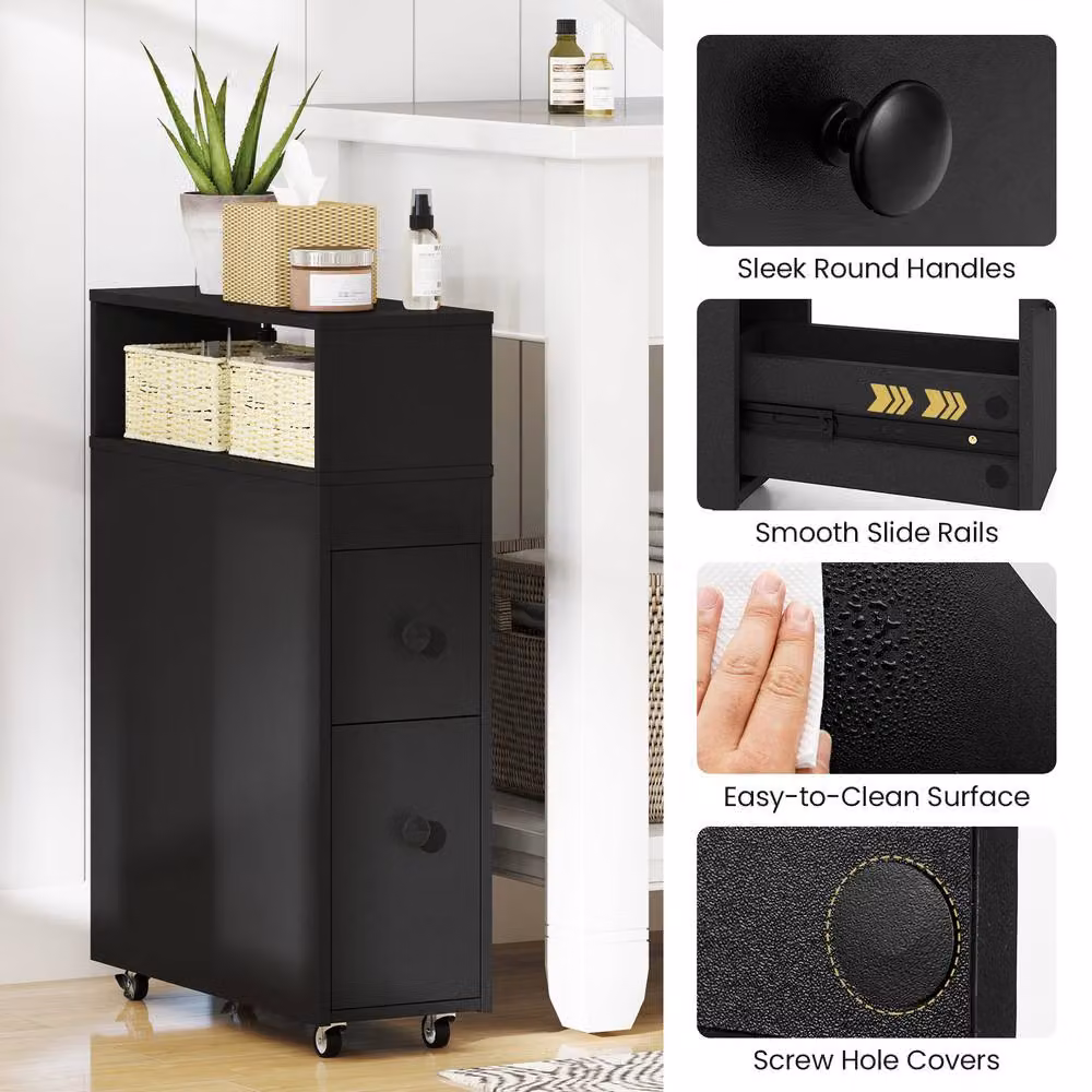 Costway Movable Narrow Bathroom Storage Cabinet with Rattan Detail in Black – 5