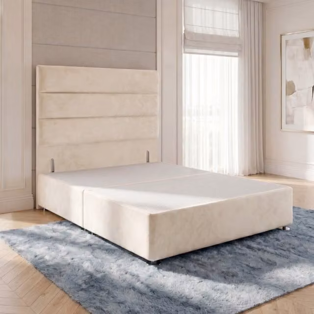 Horizona Velvet Divan Bed Base with Floor Standing Headboard and Drawers, Ivory, W/D/H: 140 x 200 cm