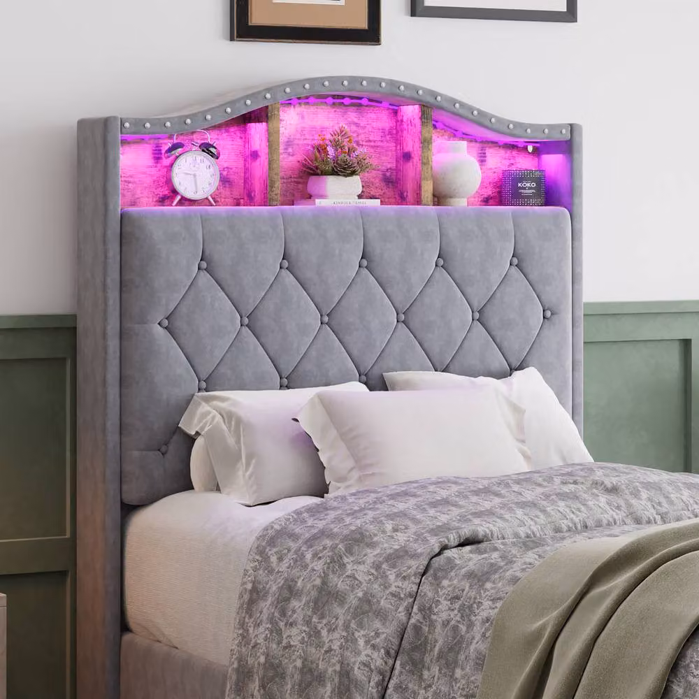 BTM Grey Velvet Upholstered Single Bed Frame with LED Storage Headboard and Side Compartments, W/D/H: 90 x 200 cm – 3