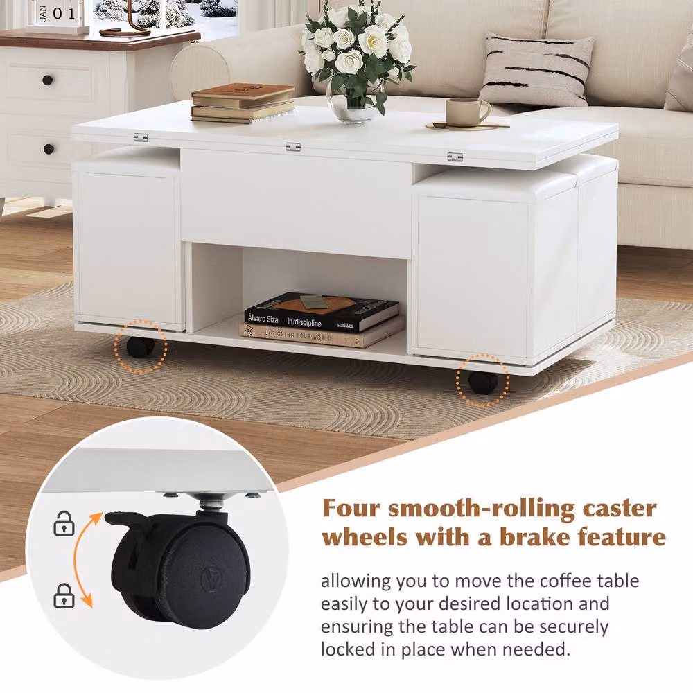 ModernLuxe White Lift Top Coffee Table with 4 Storage Stools and Hidden Storage – 3