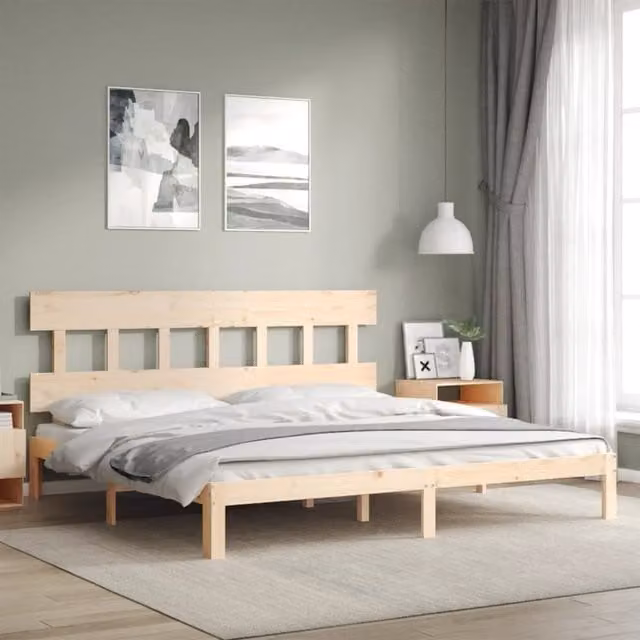 Berkfield Home Rustic Solid Pine Bed Frame with Headboard, Brown, W/D/H: 200 x 200 cm